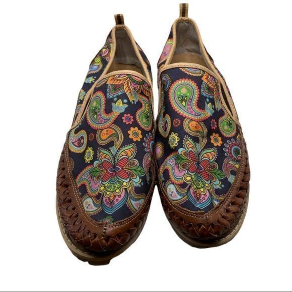 Kwarachi Floral Paisley Pattern Fabric Faux Leather Slip-on Round Toe Loafers‎